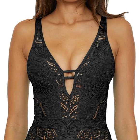 BECCA Color Play One Piece Swimsuit, Plunge Neck, Crochet, Bathing Suits black - Picture 2 of 10